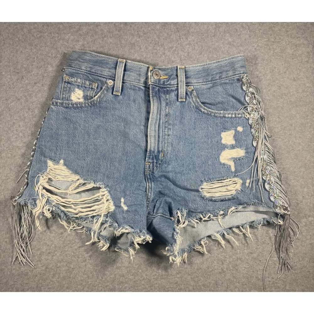 Levi's High Waisted Mom Shorts Distressed Denim Rhinestone Fringe Size 26